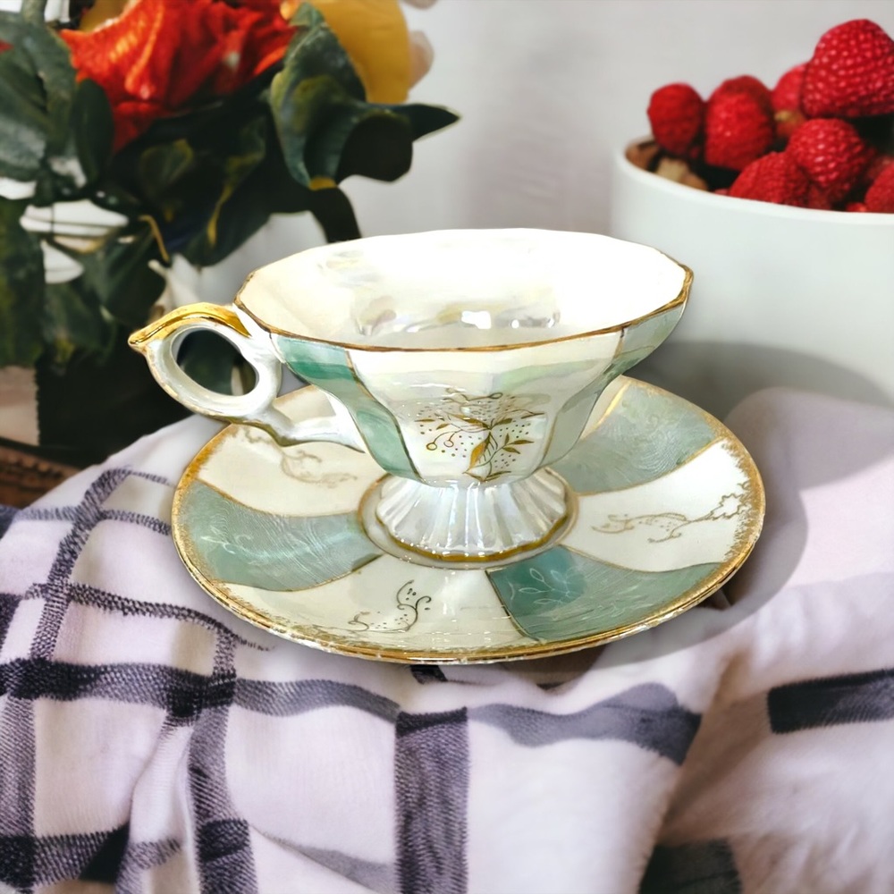 Vintage Royal Crown Pedestal Lusterware Tea Cup and Saucer - Arnart Pattern